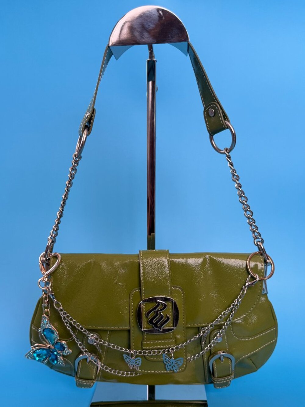 Rocawear Olive Green Patent Y2K Flap Shoulder Bag Silver Chain RW Logo